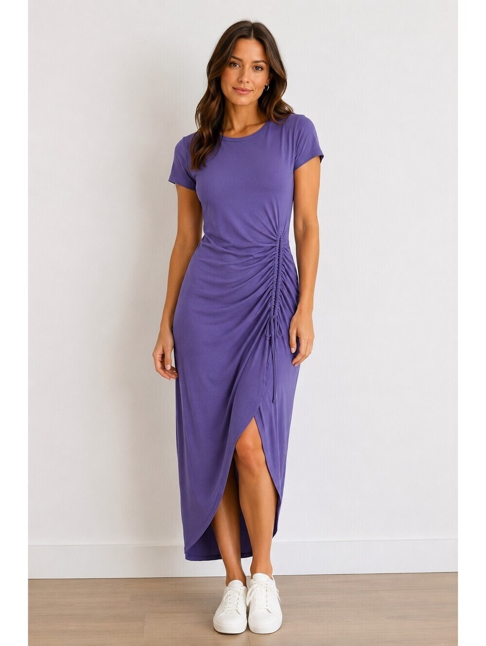 Lulus Purple Ruched Midi Dress Short Sleeve Soft Stretch Jersey Size M